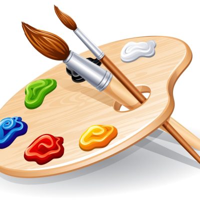 Wooden palette with paints and brushes - vector illustration.